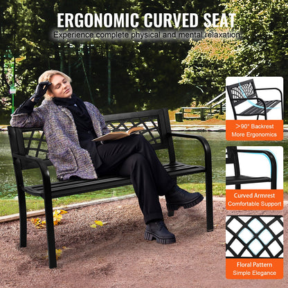 Utomhusbänk, 46 tums trädgårdsbänk i metall för utomhusbruk, 480 lbs lastkapacitetsbänk, trädgårdsbänk utomhus med ryggstöd och armstöd, uteplatsbänk för trädgård, park, gård, veranda