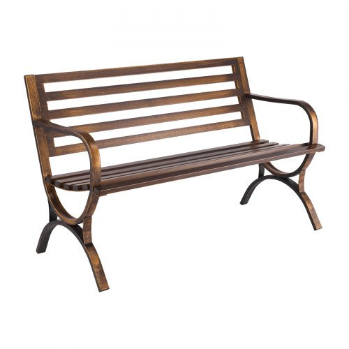 Outdoor Bench, 50 inch, Carbon Steel Metal Frame with Slatted Pattern Backrest and Round Edge Armrests, Weatherproof Outside Bench for Patio, Garden, Park, Yard, Front Porch, Antique Bronze