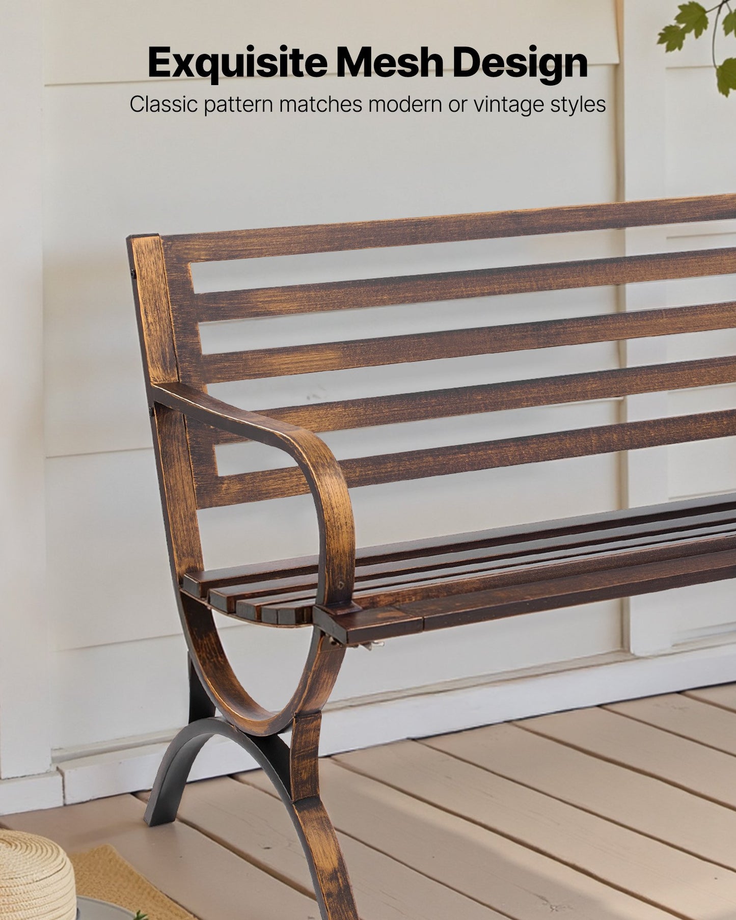 Outdoor Bench, 50 inch, Carbon Steel Metal Frame with Slatted Pattern Backrest and Round Edge Armrests, Weatherproof Outside Bench for Patio, Garden, Park, Yard, Front Porch, Antique Bronze