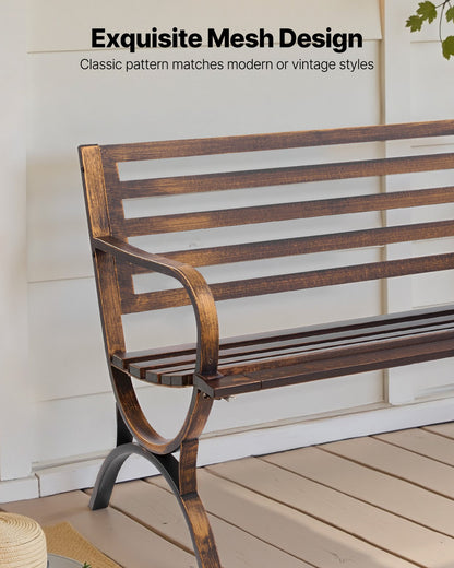 Outdoor Bench, 50 inch, Carbon Steel Metal Frame with Slatted Pattern Backrest and Round Edge Armrests, Weatherproof Outside Bench for Patio, Garden, Park, Yard, Front Porch, Antique Bronze
