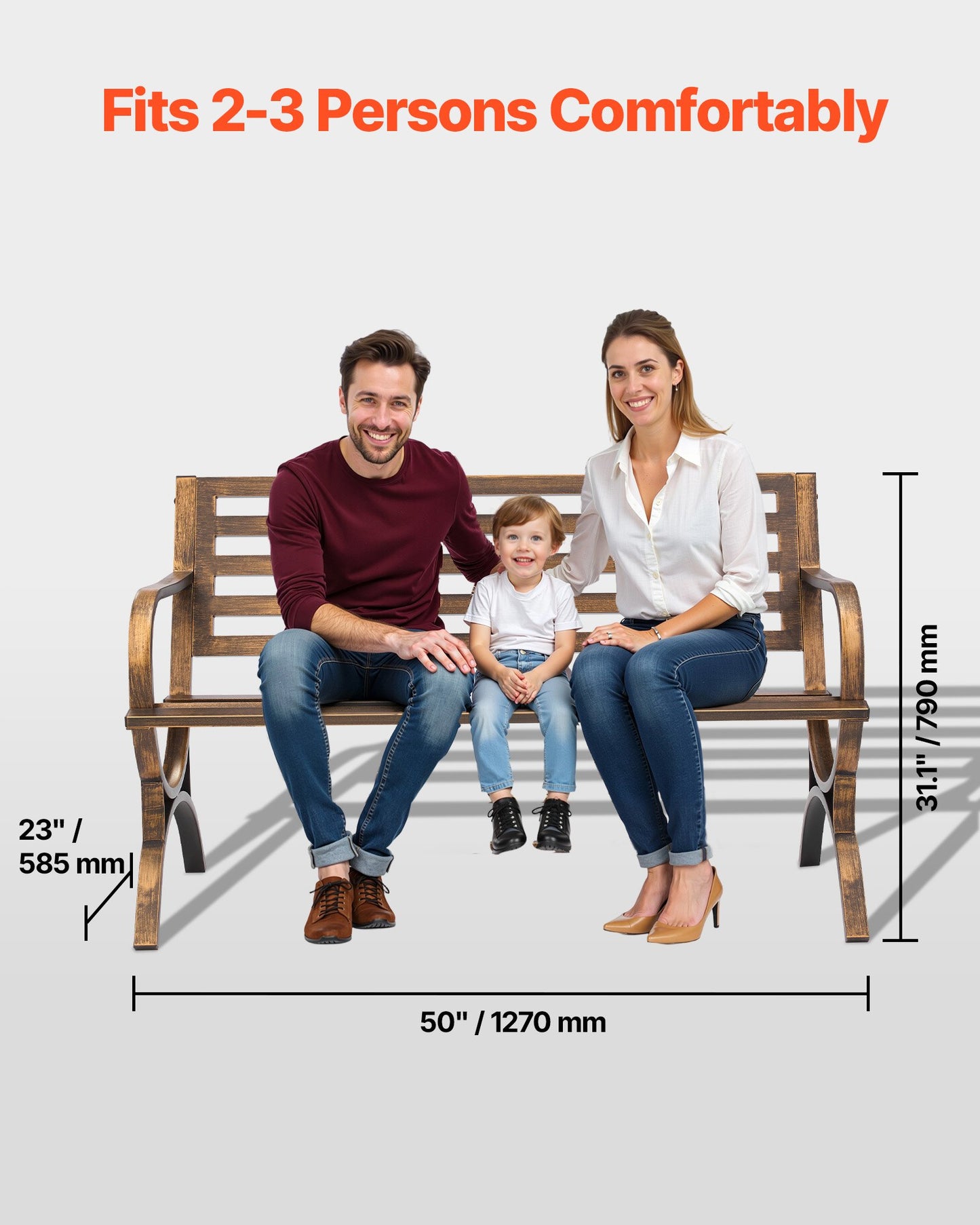 Outdoor Bench, 50 inch, Carbon Steel Metal Frame with Slatted Pattern Backrest and Round Edge Armrests, Weatherproof Outside Bench for Patio, Garden, Park, Yard, Front Porch, Antique Bronze