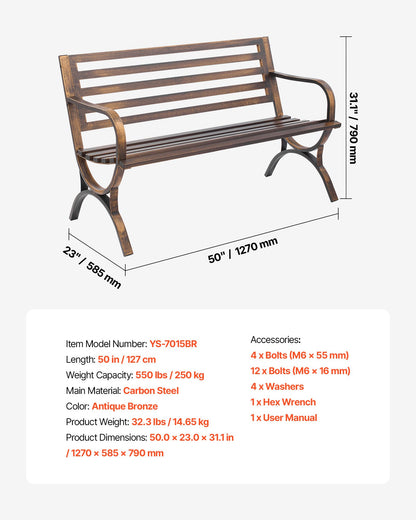 Outdoor Bench, 50 inch, Carbon Steel Metal Frame with Slatted Pattern Backrest and Round Edge Armrests, Weatherproof Outside Bench for Patio, Garden, Park, Yard, Front Porch, Antique Bronze
