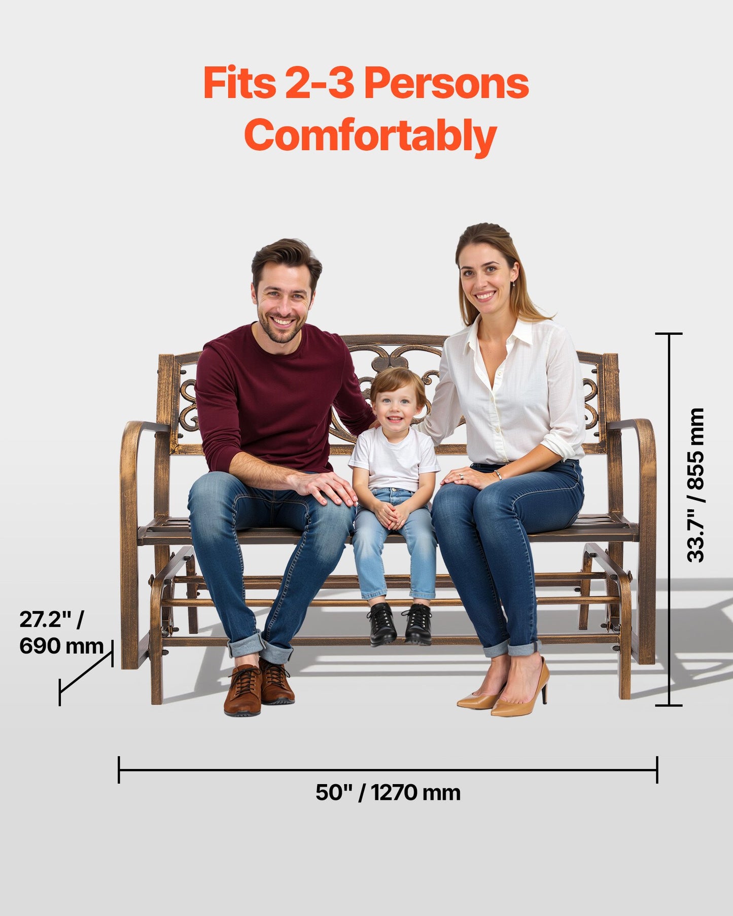 Outdoor Bench, 50 inch, Carbon Steel Metal Frame with Cast Iron Backrest and Round Edge Armrests, Weatherproof Outside Glider Bench for Patio, Garden, Park, Yard, Front Porch, Antique Bronze