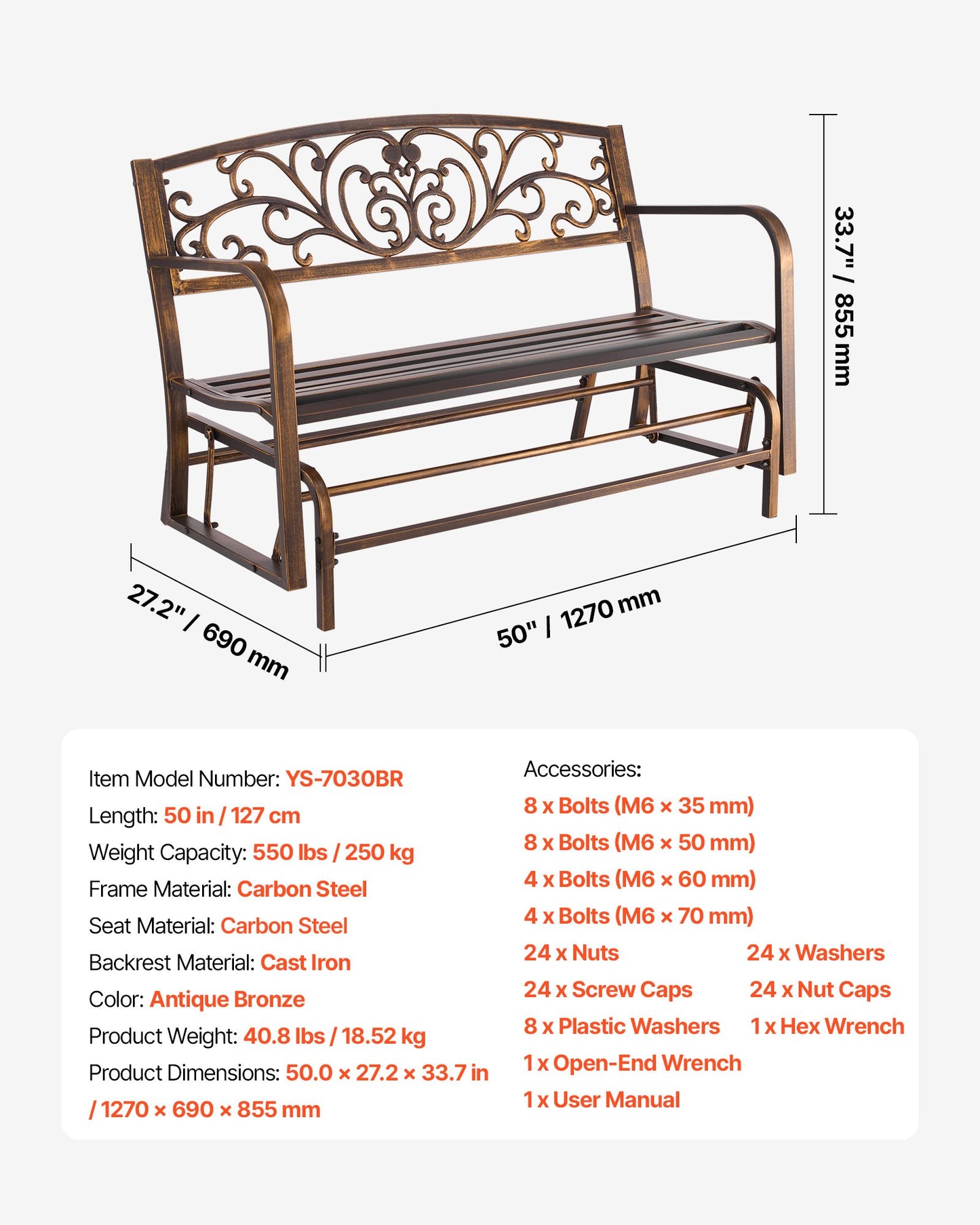 Outdoor Bench, 50 inch, Carbon Steel Metal Frame with Cast Iron Backrest and Round Edge Armrests, Weatherproof Outside Glider Bench for Patio, Garden, Park, Yard, Front Porch, Antique Bronze