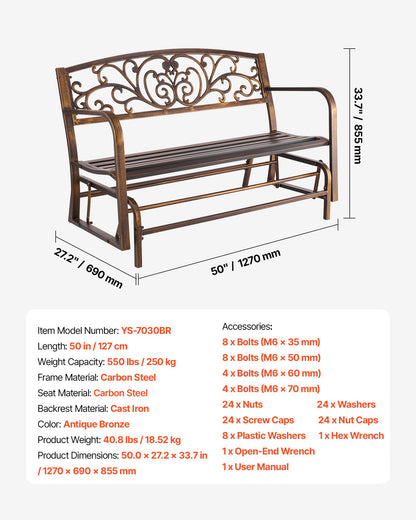 Outdoor Bench, 50 inch, Carbon Steel Metal Frame with Cast Iron Backrest and Round Edge Armrests, Weatherproof Outside Glider Bench for Patio, Garden, Park, Yard, Front Porch, Antique Bronze