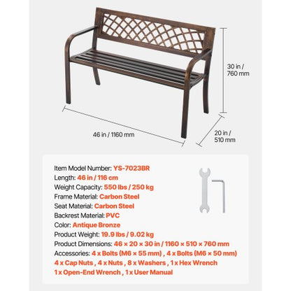 Outdoor Bench Terrace Bench 116 cm Metal Frame PVC Mesh Backrest for Veranda | EU