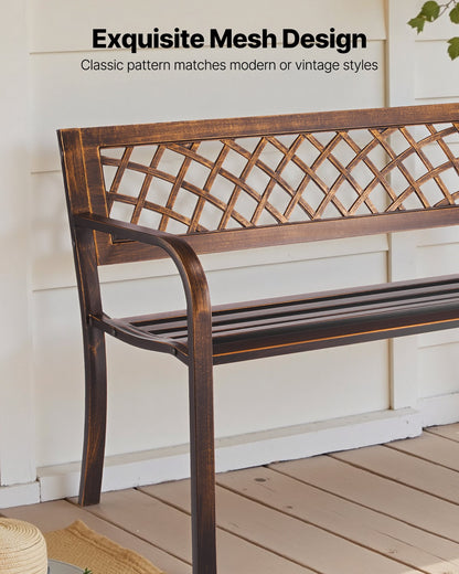 Outdoor Bench, 46 inch, Carbon Steel Metal Frame with PVC Mesh Pattern Backrest and Round Edge Armrests, Weatherproof Outside Bench for Patio, Garden, Park, Yard, Front Porch, Antique Bronze