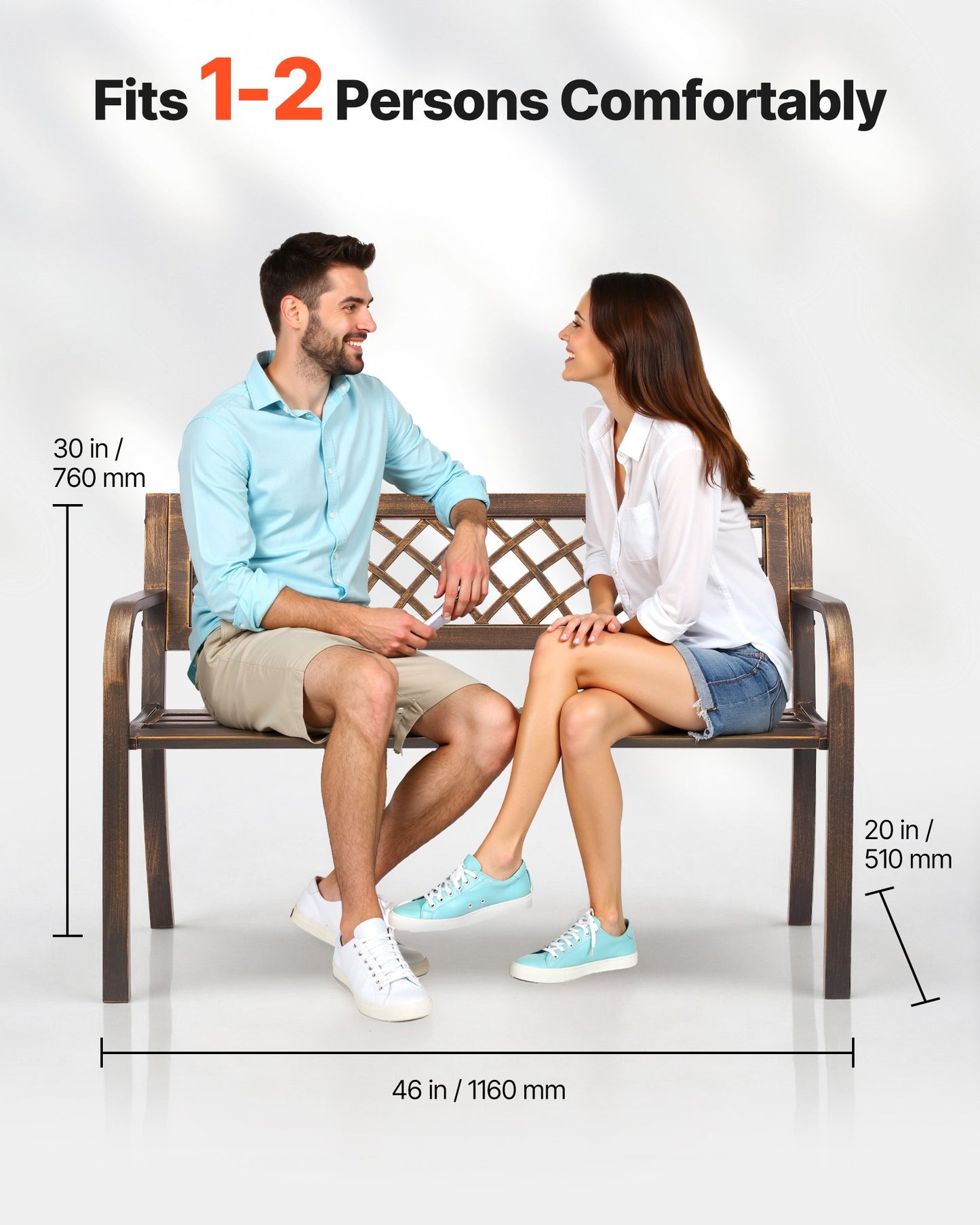 Outdoor Bench, 46 inch, Carbon Steel Metal Frame with PVC Mesh Pattern Backrest and Round Edge Armrests, Weatherproof Outside Bench for Patio, Garden, Park, Yard, Front Porch, Antique Bronze