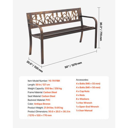 Outdoor Bench Terrace Bench 127 cm Metal Frame PVC Floral Backrest for Veranda | EU