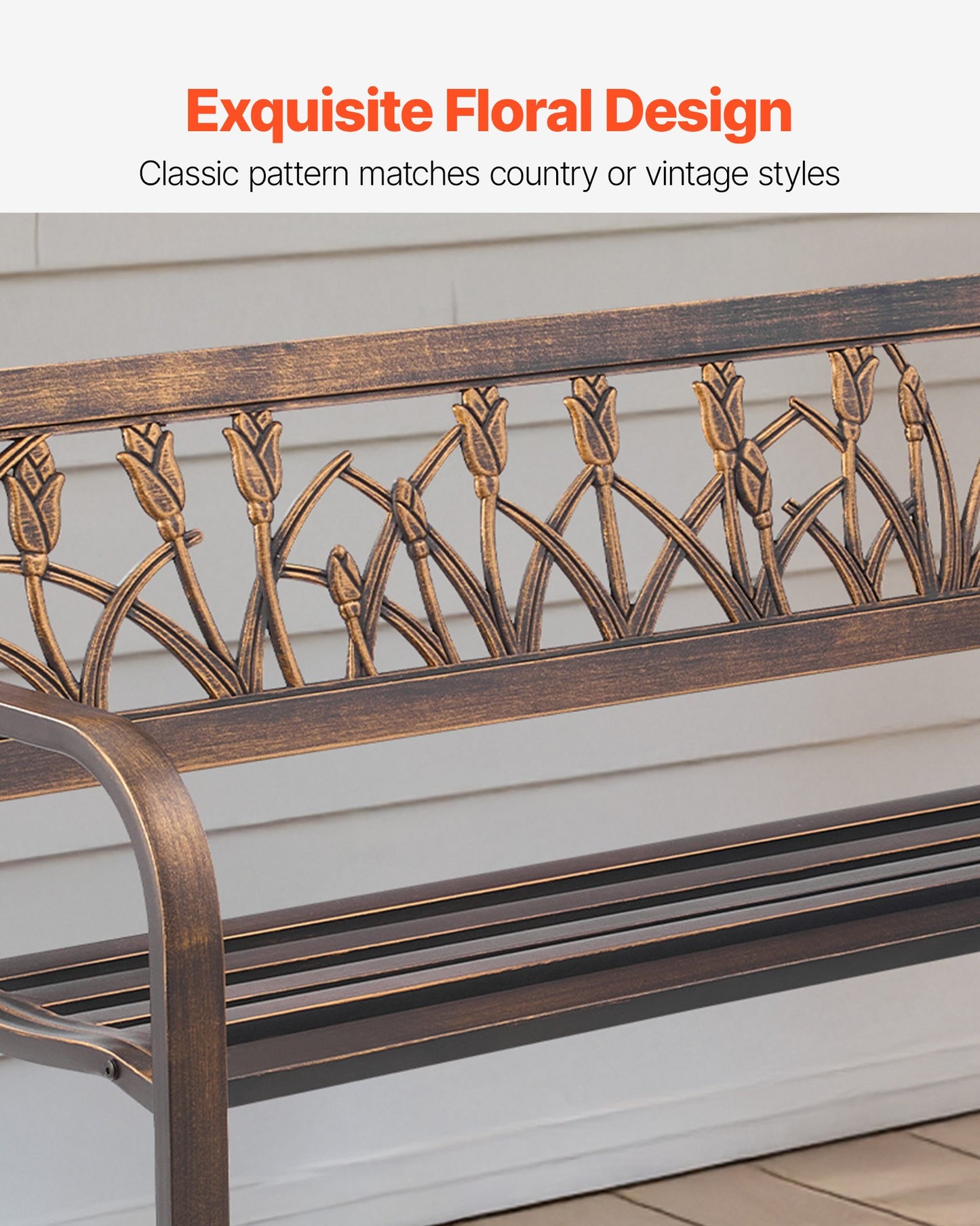 Outdoor Bench, 50 inch, Carbon Steel Metal Frame with PVC Floral Pattern Backrest and Round Edge Armrests, Weatherproof Outside Bench for Patio, Garden, Park, Yard, Front Porch, Antique Bronze