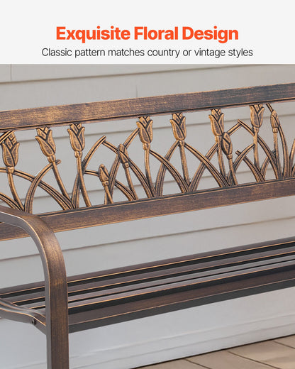 Outdoor Bench, 50 inch, Carbon Steel Metal Frame with PVC Floral Pattern Backrest and Round Edge Armrests, Weatherproof Outside Bench for Patio, Garden, Park, Yard, Front Porch, Antique Bronze