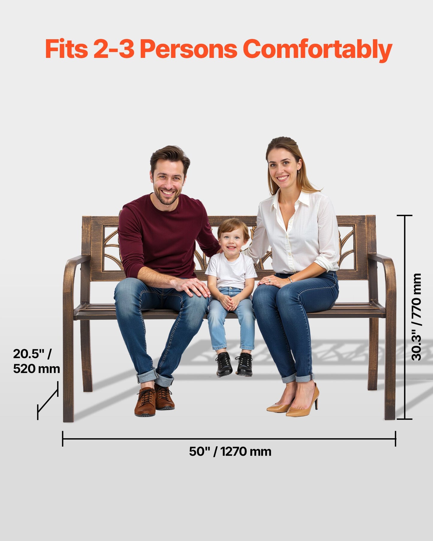 Outdoor Bench, 50 inch, Carbon Steel Metal Frame with PVC Floral Pattern Backrest and Round Edge Armrests, Weatherproof Outside Bench for Patio, Garden, Park, Yard, Front Porch, Antique Bronze