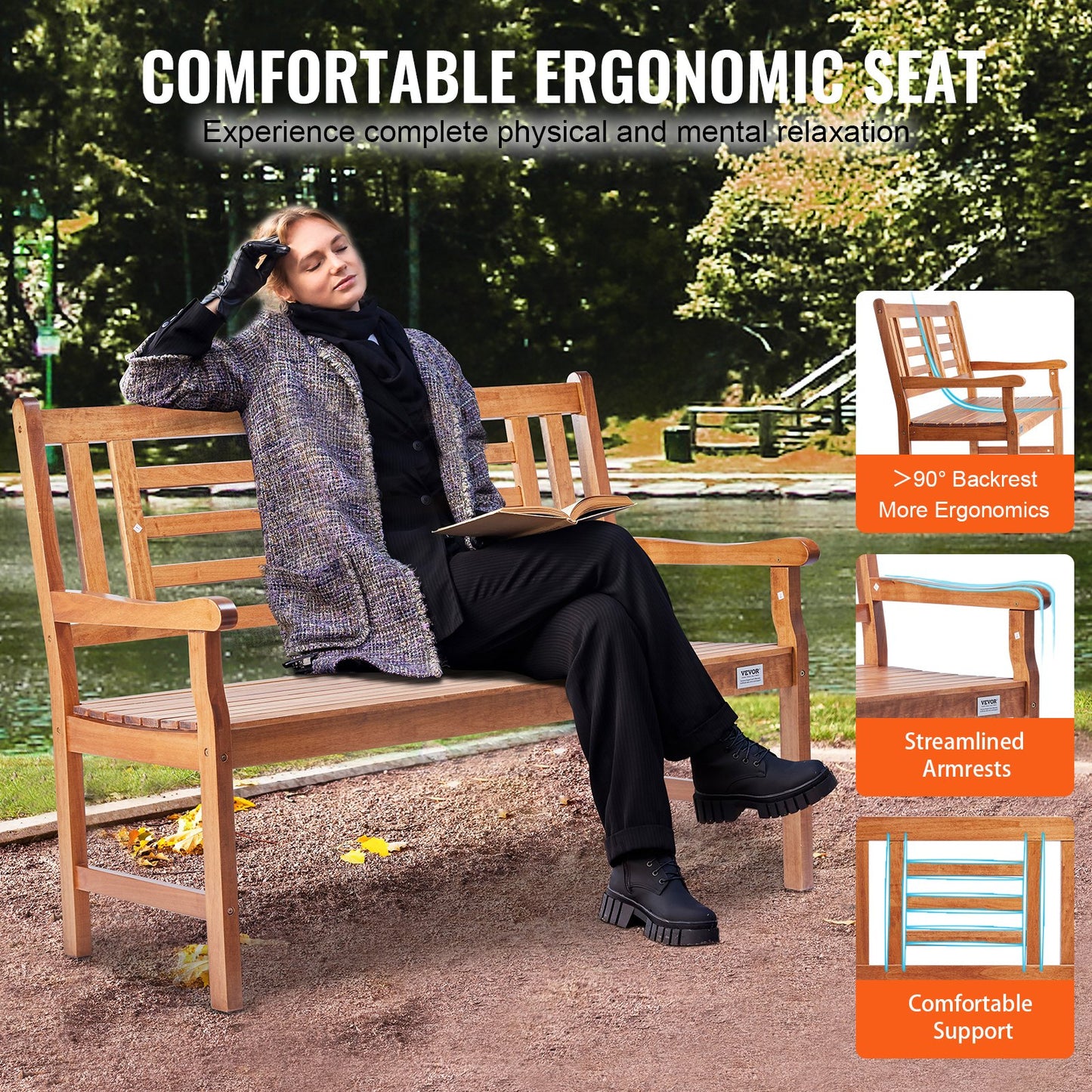 Gartenbank, 48 Zoll, Holz, Gartenbank, 700 lbs, Park, Terrasse, Hof, Veranda, Bank