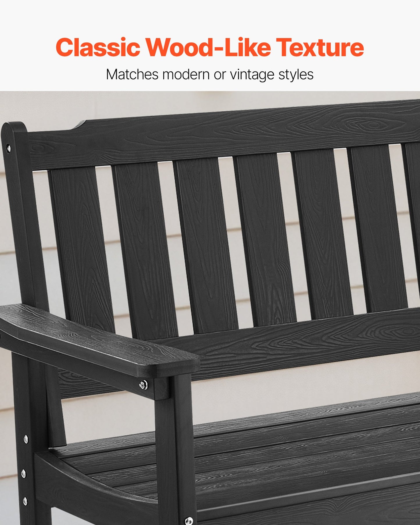 Outdoor Bench, 50.5 inch, 800 lbs Weight Capacity for 2-3 Persons, Weatherproof Plastic Frame with Backrest and Wide Armrests, Outside Bench for Patio, Garden, Park, Yard, Front Porch, Black