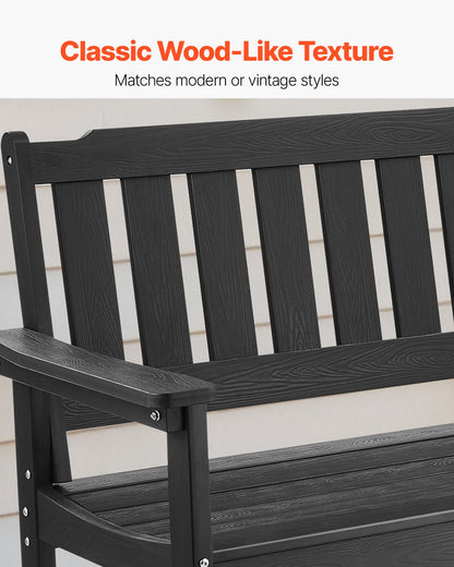 Outdoor Bench, 50.5 inch, 800 lbs Weight Capacity for 2-3 Persons, Weatherproof Plastic Frame with Backrest and Wide Armrests, Outside Bench for Patio, Garden, Park, Yard, Front Porch, Black