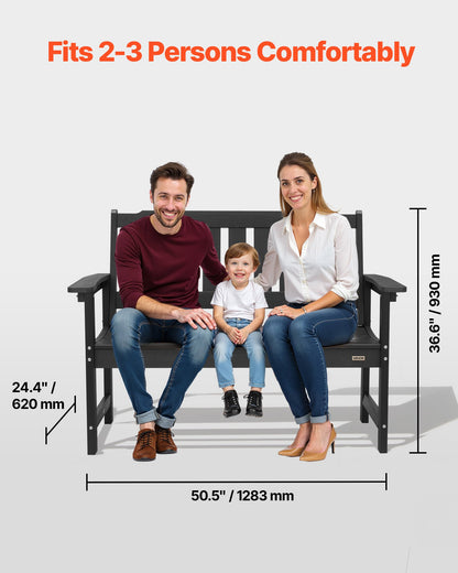 Outdoor Bench, 50.5 inch, 800 lbs Weight Capacity for 2-3 Persons, Weatherproof Plastic Frame with Backrest and Wide Armrests, Outside Bench for Patio, Garden, Park, Yard, Front Porch, Black