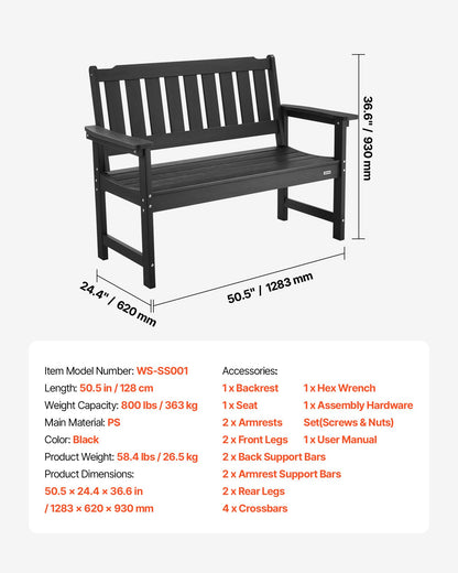 Outdoor Bench, 50.5 inch, 800 lbs Weight Capacity for 2-3 Persons, Weatherproof Plastic Frame with Backrest and Wide Armrests, Outside Bench for Patio, Garden, Park, Yard, Front Porch, Black