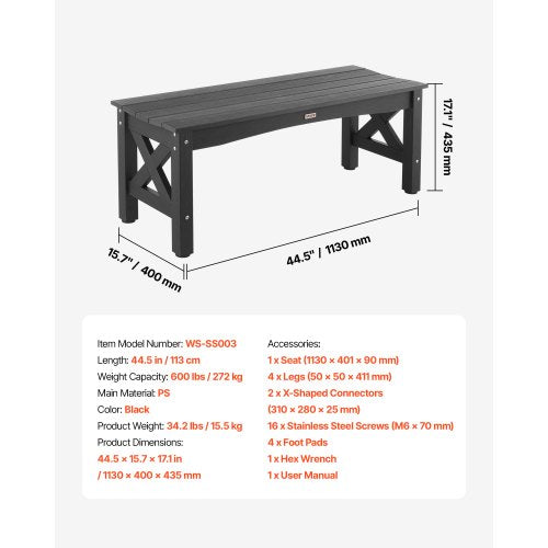 Outdoor bench Terrace bench 113 cm Weatherproof plastic frame 272 kg Black | EU