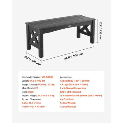Outdoor bench Terrace bench 113 cm Weatherproof plastic frame 272 kg Black | EU