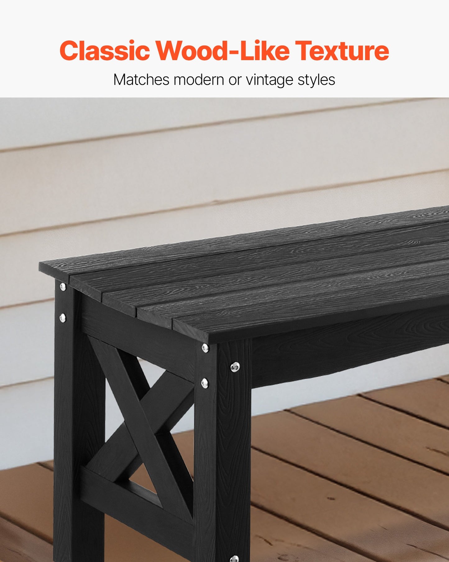 Outdoor Bench, 44.5 inch, 600 lbs Weight Capacity, Weatherproof Plastic Frame with Adjustable Level Footpads and Thick Leg, Outside Bench for Patio, Garden, Park, Yard, Front Porch, Black