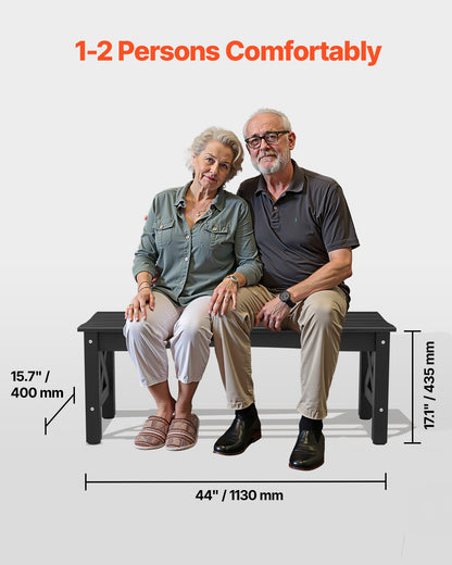 Outdoor Bench, 44.5 inch, 600 lbs Weight Capacity, Weatherproof Plastic Frame with Adjustable Level Footpads and Thick Leg, Outside Bench for Patio, Garden, Park, Yard, Front Porch, Black