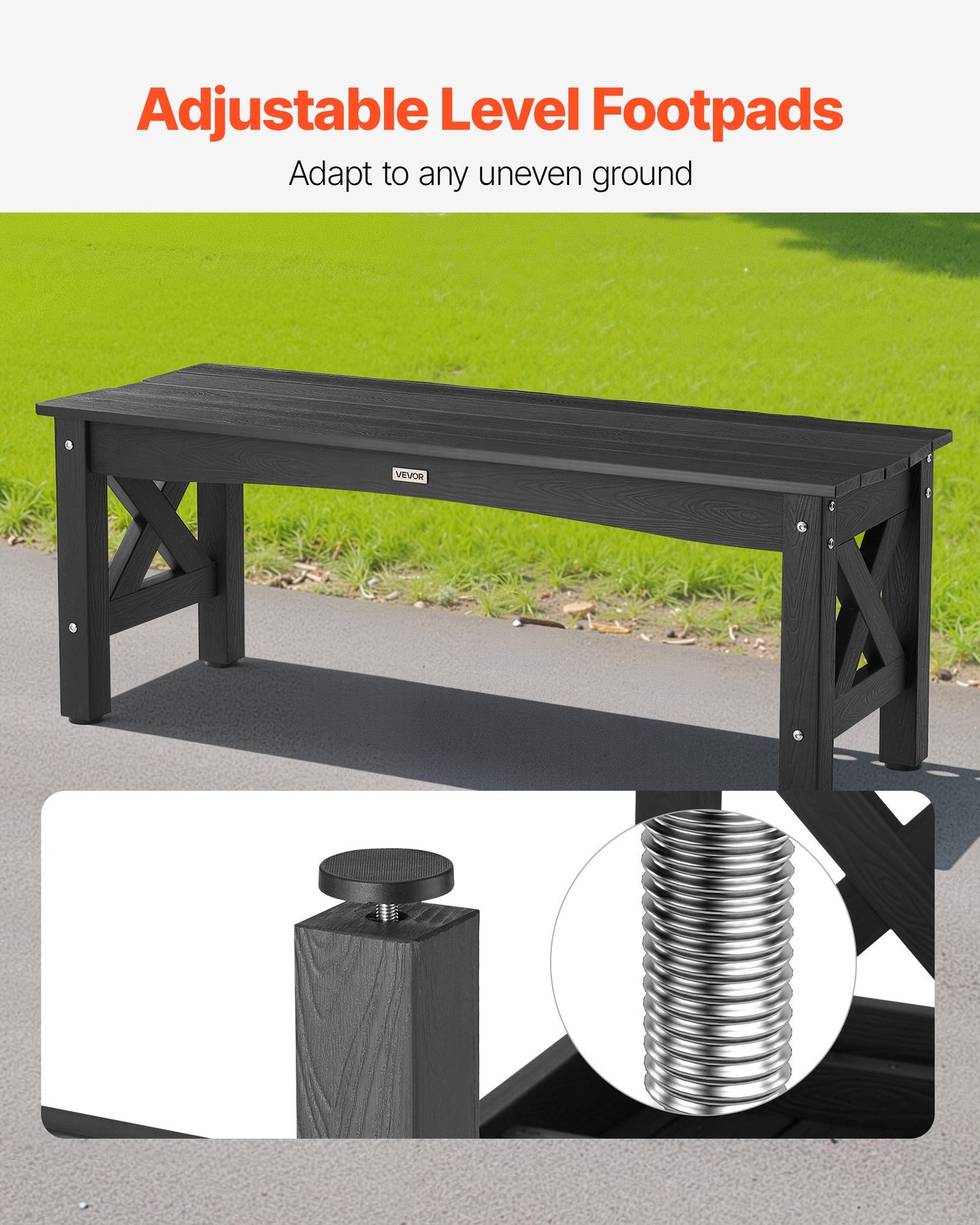 Outdoor Bench, 44.5 inch, 600 lbs Weight Capacity, Weatherproof Plastic Frame with Adjustable Level Footpads and Thick Leg, Outside Bench for Patio, Garden, Park, Yard, Front Porch, Black