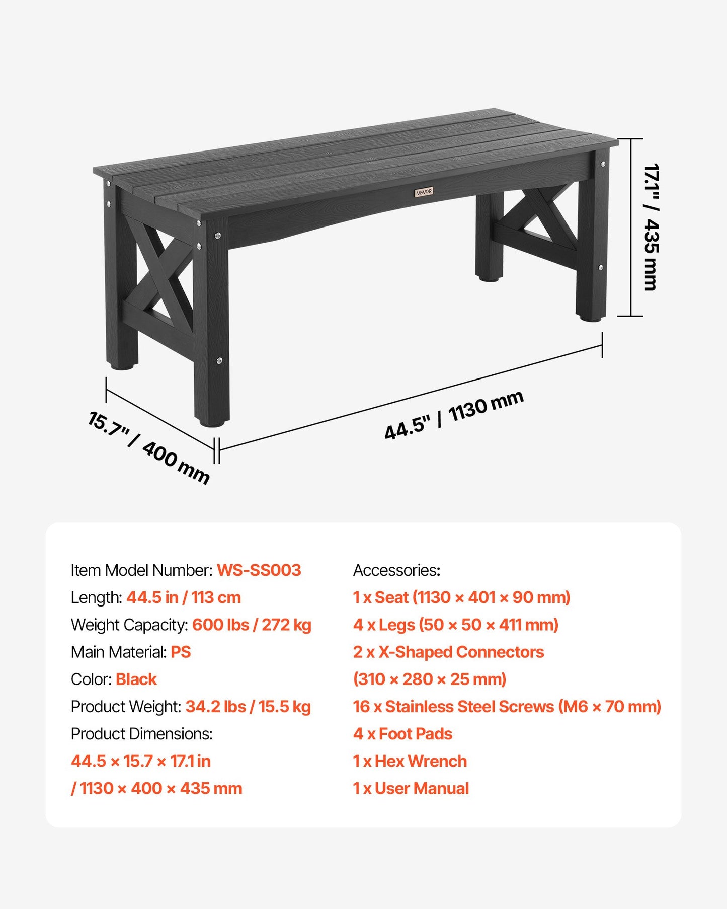 Outdoor Bench, 44.5 inch, 600 lbs Weight Capacity, Weatherproof Plastic Frame with Adjustable Level Footpads and Thick Leg, Outside Bench for Patio, Garden, Park, Yard, Front Porch, Black
