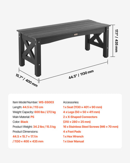 Outdoor Bench, 44.5 inch, 600 lbs Weight Capacity, Weatherproof Plastic Frame with Adjustable Level Footpads and Thick Leg, Outside Bench for Patio, Garden, Park, Yard, Front Porch, Black