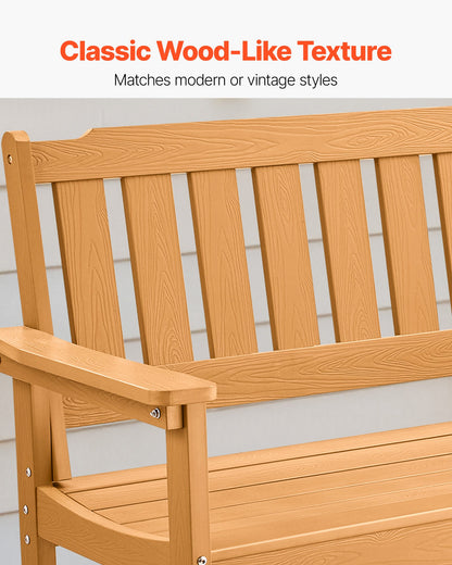 Outdoor Bench, 50.5 inch, 800 lbs Weight Capacity for 2-3 Persons, Weatherproof Plastic Frame with Backrest and Wide Armrests, Outside Bench for Patio, Garden, Park, Yard, Natural Wood Color