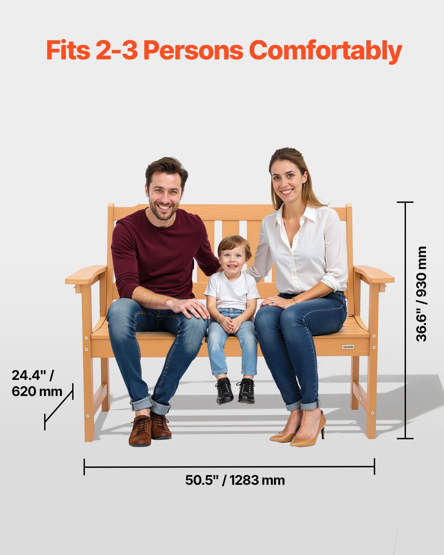 Outdoor Bench, 50.5 inch, 800 lbs Weight Capacity for 2-3 Persons, Weatherproof Plastic Frame with Backrest and Wide Armrests, Outside Bench for Patio, Garden, Park, Yard, Natural Wood Color