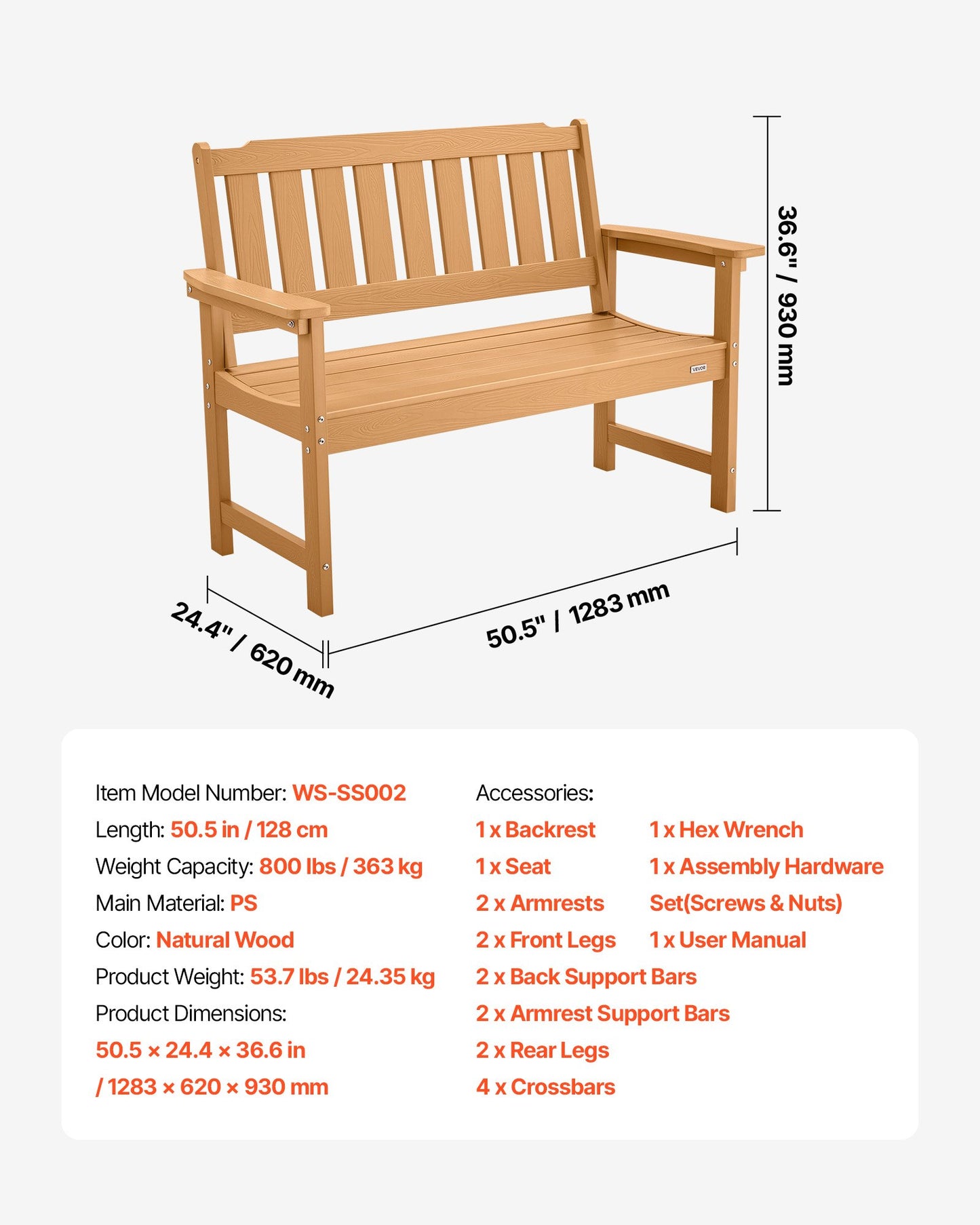 Outdoor Bench, 50.5 inch, 800 lbs Weight Capacity for 2-3 Persons, Weatherproof Plastic Frame with Backrest and Wide Armrests, Outside Bench for Patio, Garden, Park, Yard, Natural Wood Color