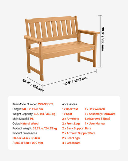 Outdoor Bench, 50.5 inch, 800 lbs Weight Capacity for 2-3 Persons, Weatherproof Plastic Frame with Backrest and Wide Armrests, Outside Bench for Patio, Garden, Park, Yard, Natural Wood Color