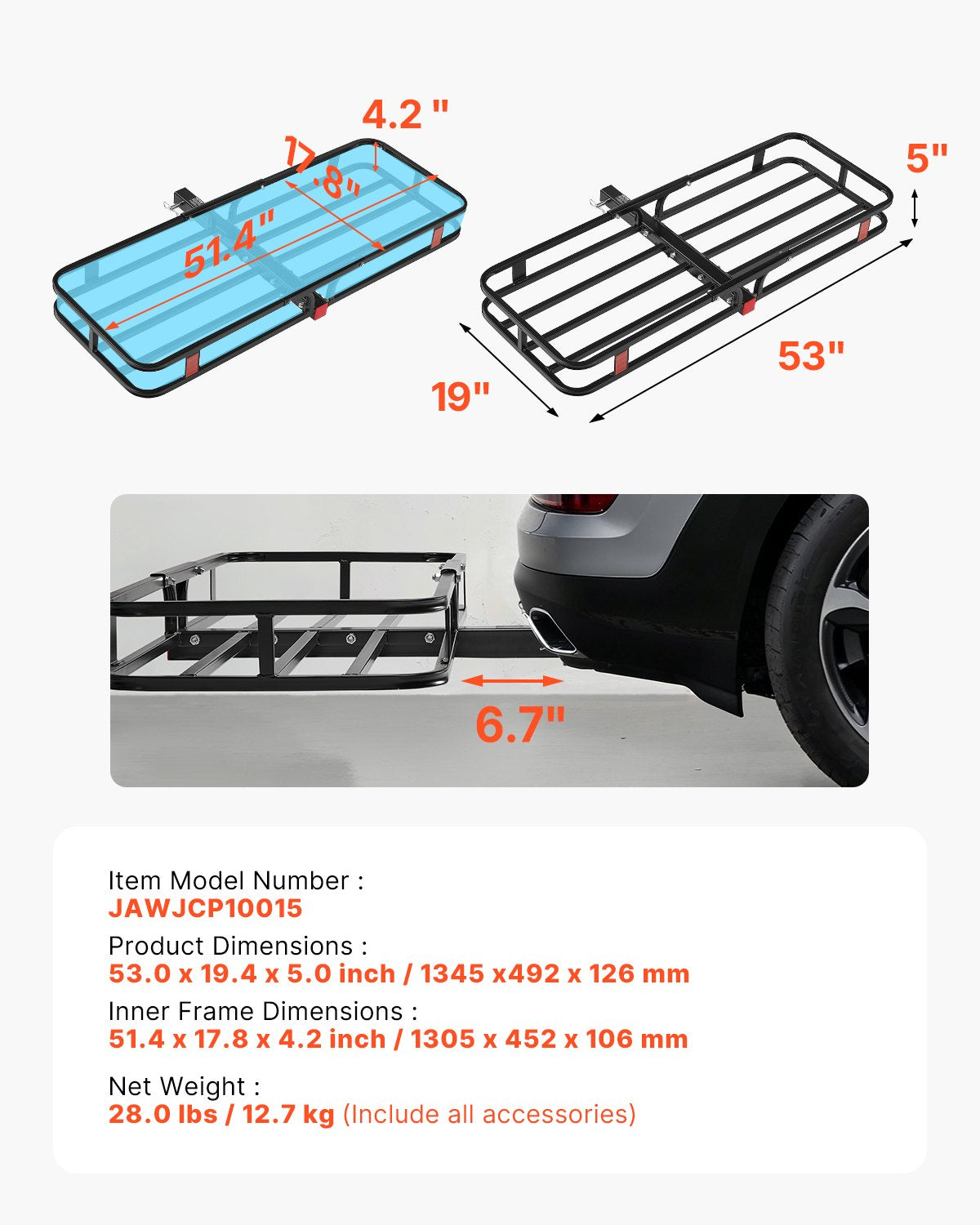 53" x 19" x 5", Hitch Cargo Carrier, 500 lbs Capacity Hitch Cargo Carrier with Hitch Stabilizer & Ratchet Straps, Hitch Mount Cargo Carrier with Cargo Net with Hook, Fit for SUVs