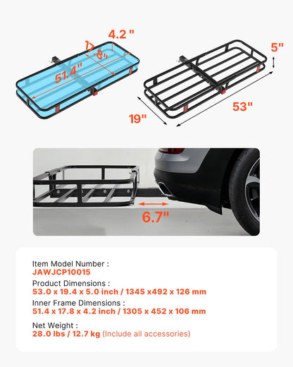 53" x 19" x 5", Hitch Cargo Carrier, 500 lbs Capacity Hitch Cargo Carrier with Hitch Stabilizer & Ratchet Straps, Hitch Mount Cargo Carrier with Cargo Net with Hook, Fit for SUVs