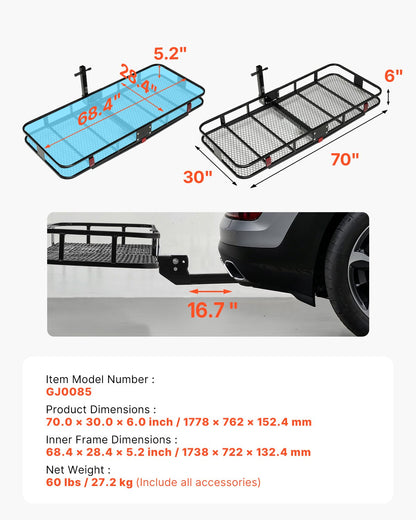70" x 30" x 6", Hitch Cargo Carrier, 500 lbs Capacity Hitch Cargo Carrier with Nighttime Reflective Reminder, Folding Hitch Mount Cargo Carrier with Hitch Lock for 2" Receiver, Fit for SUVs