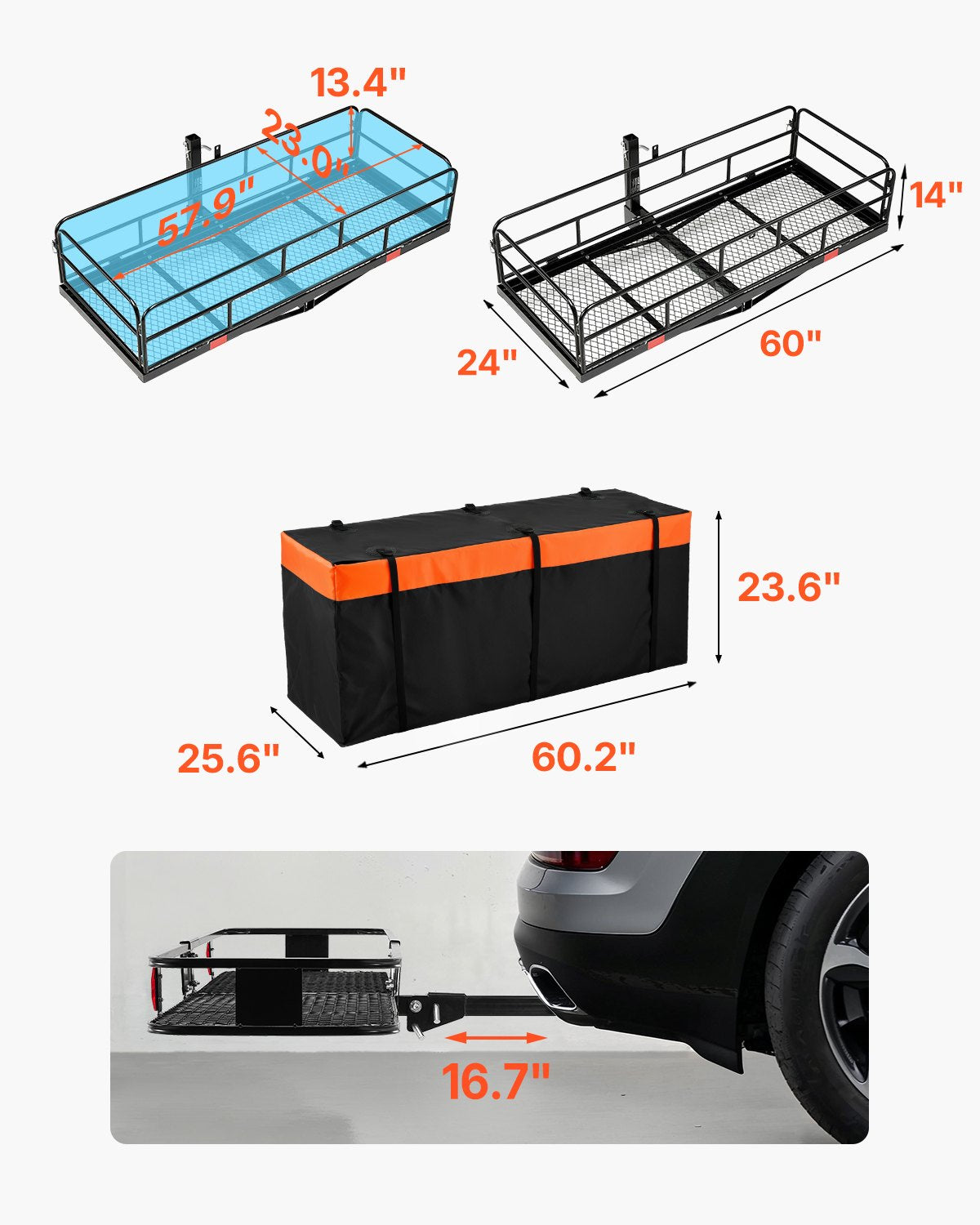 60" x 24" x 14", Hitch Cargo Carrier, 500 lbs Capacity Hitch Cargo Carrier with Cargo Net & Waterproof Cargo Bag, Folding Hitch Mount Cargo Carrier with Reflective Reminder, Fit for SUVs