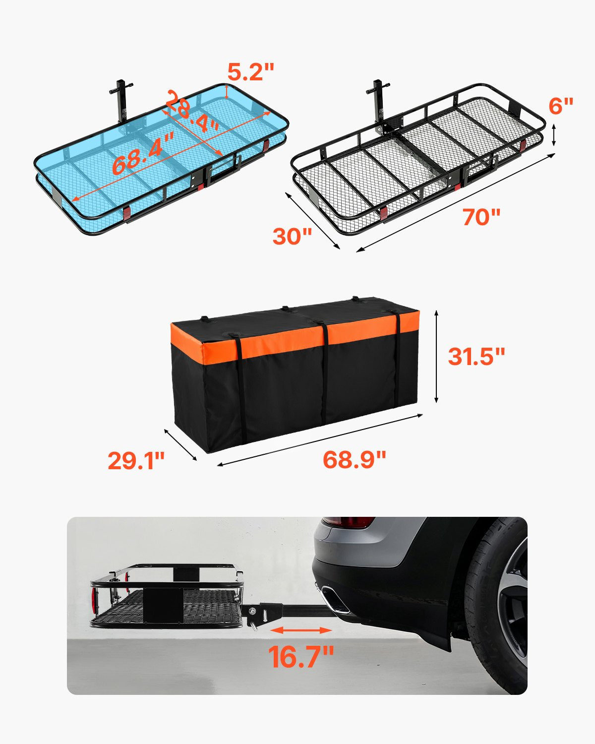 70" x 30" x 6", Hitch Cargo Carrier, 500 lbs Capacity Hitch Cargo Carrier with Ratchet Straps & Cargo Bag, Folding Hitch Mount Cargo Carrier with Hitch Lock for 2" Receiver, Fit for SUVs
