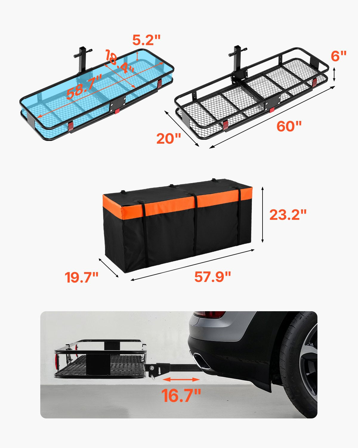 60" x 20" x 6", Hitch Cargo Carrier, 500 lbs Capacity Hitch Cargo Carrier with Cargo Net & Waterproof Cargo Bag, Folding Hitch Mount Cargo Carrier with Hitch Lock for 2" Receiver, Fit for SUVs