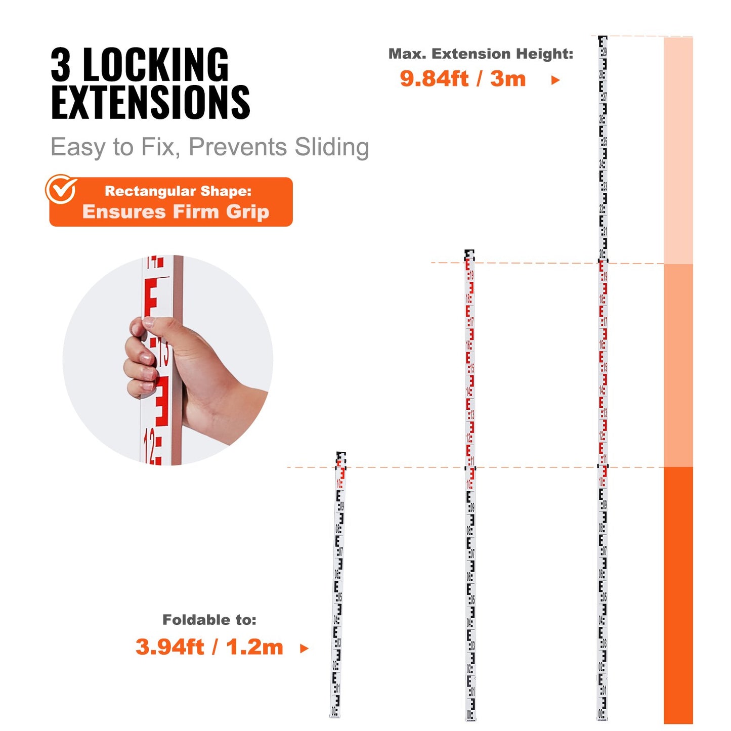 Mätstång 3M Metrisk Teleskopisk Grad Stång CM/MM med Bubble Level & Bag