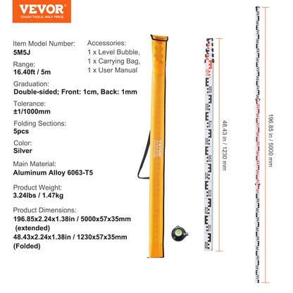 Mätstång 5M Metrisk Teleskopisk Grad Stång CM/MM med Bubble Level & Bag