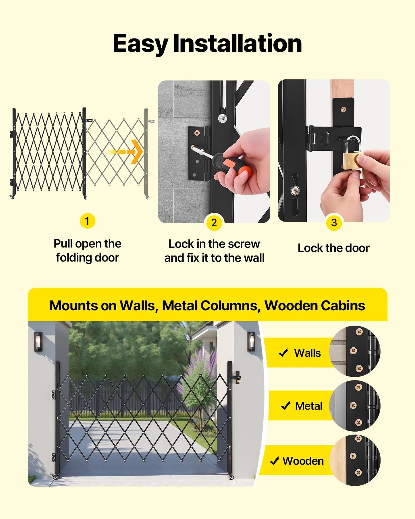 Single Folding Security Gate, Lockable Scissor Gate with 360° Swivel Casters, Outdoor Barricade Steel Retractable Gates, for Entry Security, Garage, Warehouse & Pool, 74.80 x 51.57 in (W x H)