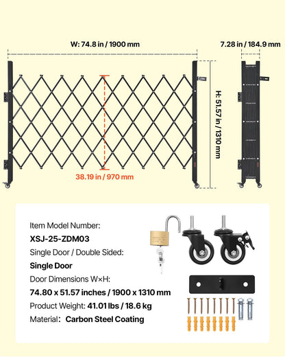 Single Folding Security Gate, Lockable Scissor Gate with 360° Swivel Casters, Outdoor Barricade Steel Retractable Gates, for Entry Security, Garage, Warehouse & Pool, 74.80 x 51.57 in (W x H)