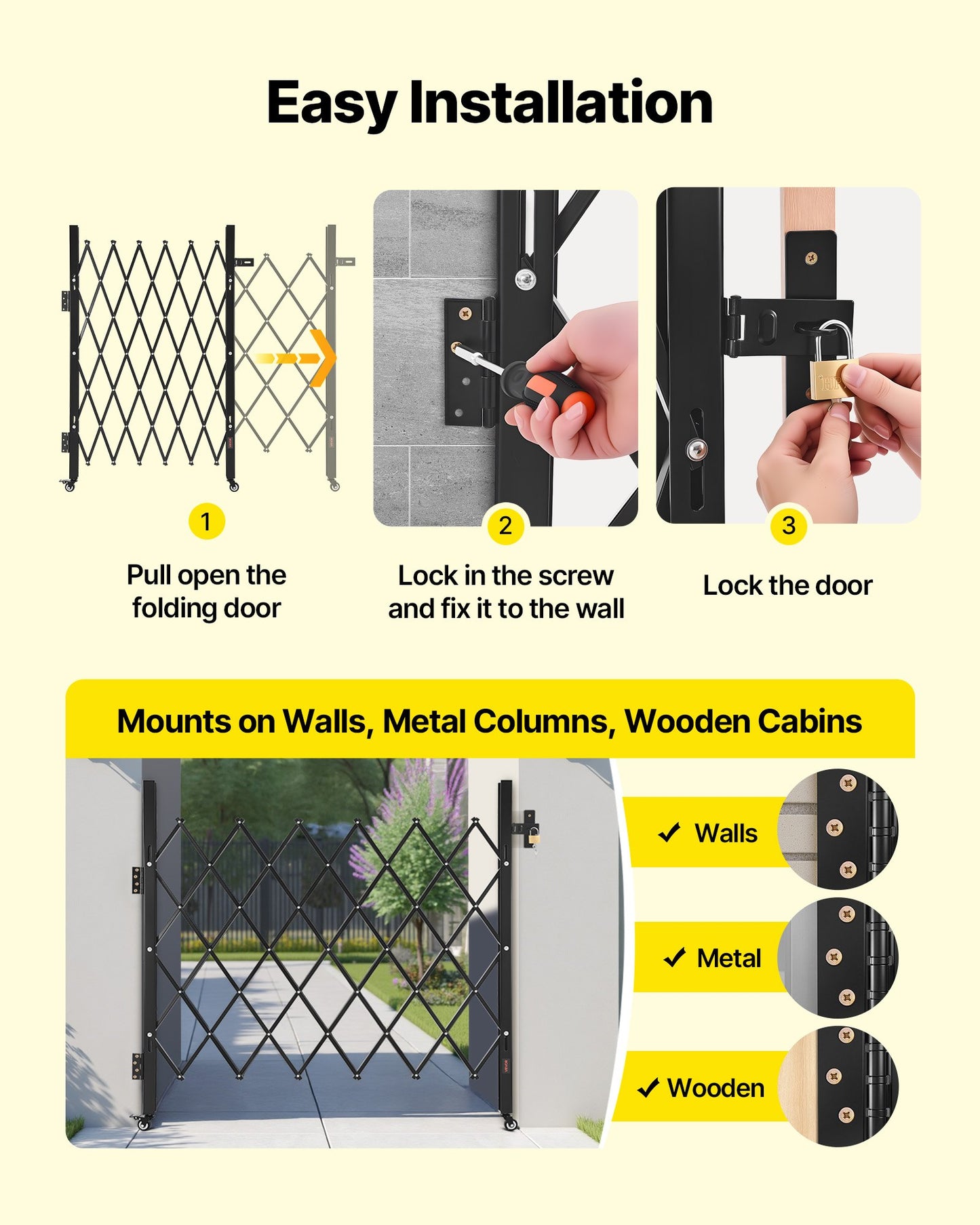 Single Folding Security Gate, Lockable Scissor Gate with 360° Swivel Casters, Outdoor Barricade Steel Retractable Gates, for Entry Security, Garage, Warehouse & Pool, 43.31 x 51.57 in (W x H)