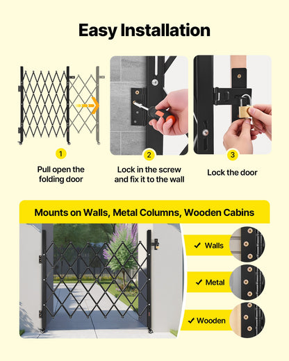 Single Folding Security Gate, Lockable Scissor Gate with 360° Swivel Casters, Outdoor Barricade Steel Retractable Gates, for Entry Security, Garage, Warehouse & Pool, 43.31 x 51.57 in (W x H)
