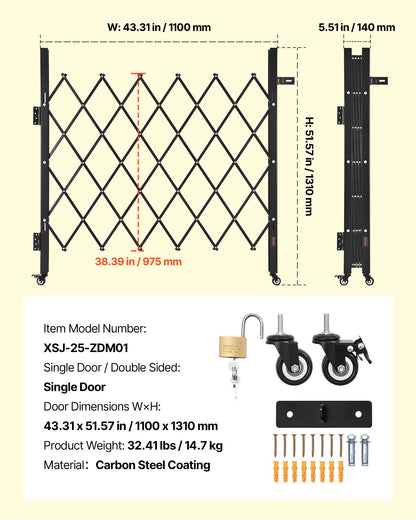 Single Folding Security Gate, Lockable Scissor Gate with 360° Swivel Casters, Outdoor Barricade Steel Retractable Gates, for Entry Security, Garage, Warehouse & Pool, 43.31 x 51.57 in (W x H)