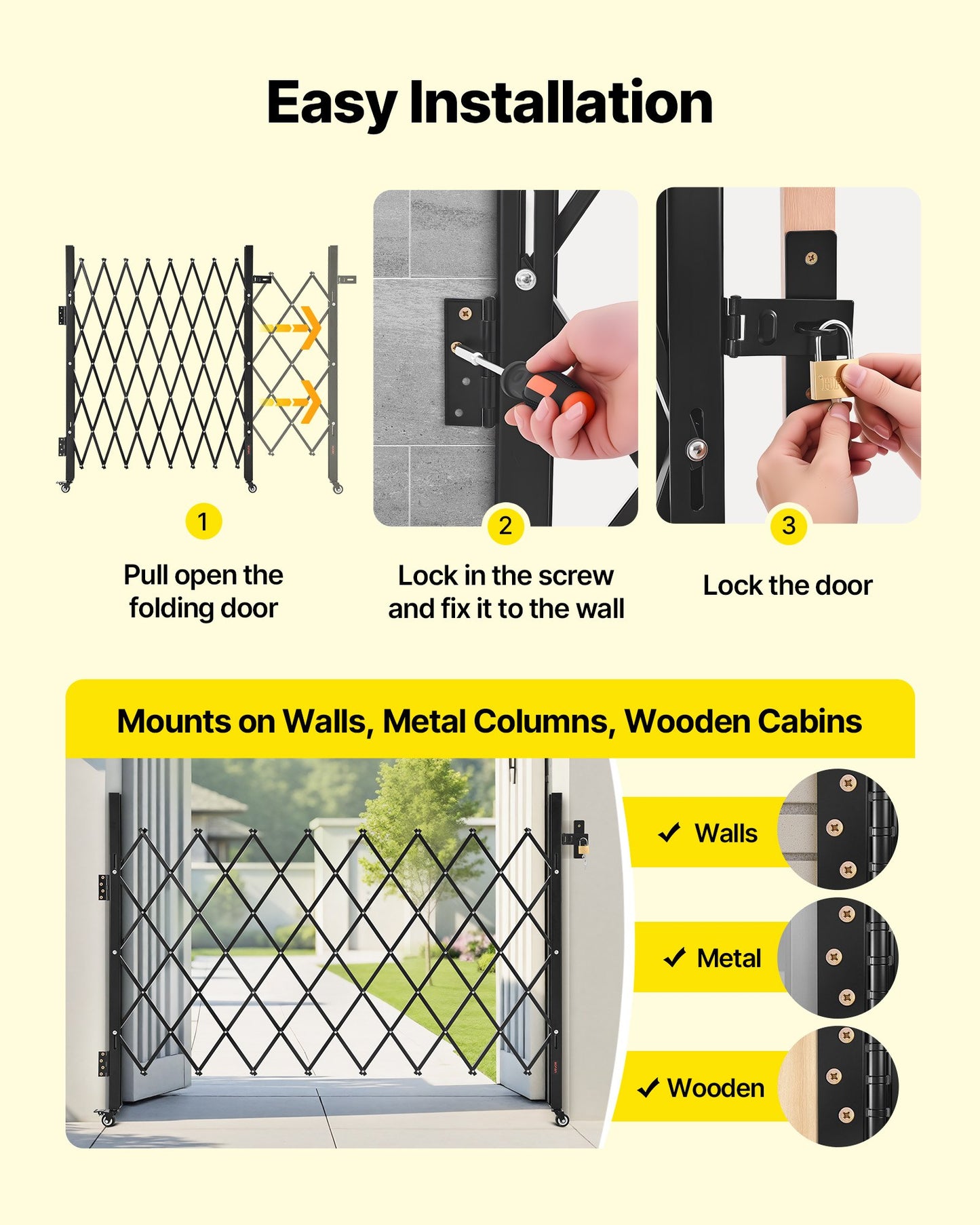 Single Folding Security Gate, Lockable Scissor Gate with 360° Swivel Casters, Outdoor Barricade Steel Retractable Gates, for Entry Security, Garage, Warehouse & Pool, 66.93 x 51.57 in (W x H)