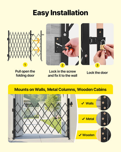 Single Folding Security Gate, Lockable Scissor Gate with 360° Swivel Casters, Outdoor Barricade Steel Retractable Gates, for Entry Security, Garage, Warehouse & Pool, 66.93 x 51.57 in (W x H)