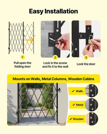Single Folding Security Gate, Lockable Scissor Gate with 360° Swivel Casters, Outdoor Barricade Steel Retractable Gates, for Entry Security, Garage, Warehouse & Pool, 49.61 x 77.76 in (W x H)