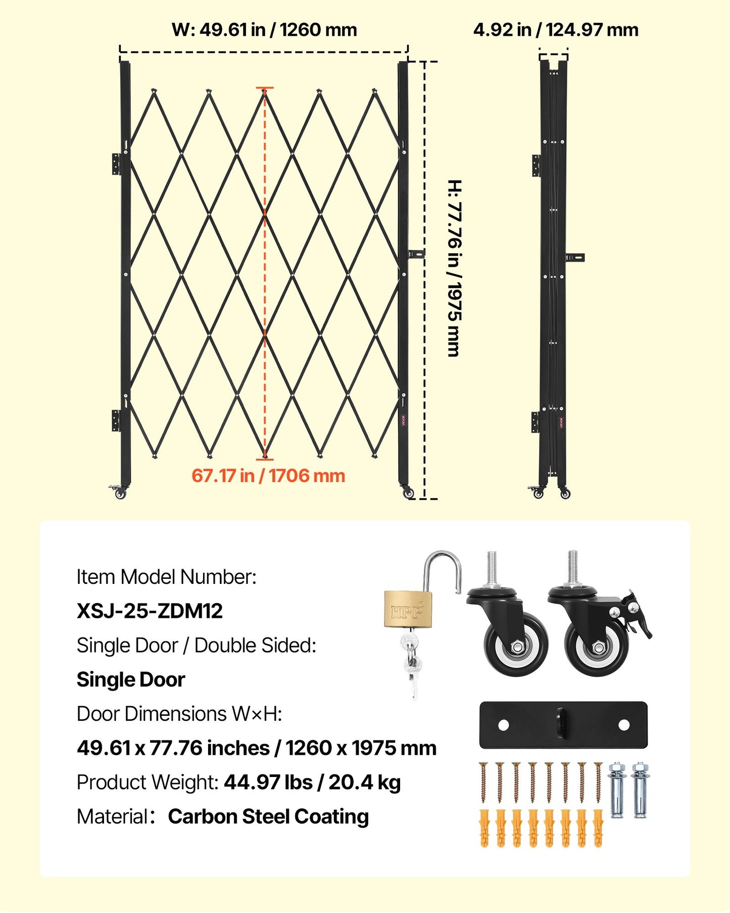 Single Folding Security Gate, Lockable Scissor Gate with 360° Swivel Casters, Outdoor Barricade Steel Retractable Gates, for Entry Security, Garage, Warehouse & Pool, 49.61 x 77.76 in (W x H)