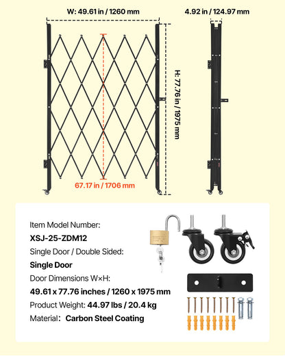 Single Folding Security Gate, Lockable Scissor Gate with 360° Swivel Casters, Outdoor Barricade Steel Retractable Gates, for Entry Security, Garage, Warehouse & Pool, 49.61 x 77.76 in (W x H)